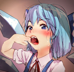  1girl blue_eyes blue_hair blush cirno detached_wings diathorn female_focus finger_in_own_mouth mouth_pull open_mouth short_hair solo teeth tongue touhou wings  rating:Sensitive score:279 user:Dweenie