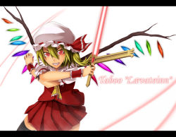  1girl ascot bad_id bad_pixiv_id bisuke_(k_step2009) black_thighhighs blonde_hair female_focus flandre_scarlet grin hat highres k_step2009 laevatein letterboxed side_ponytail skirt skirt_set smile solo sword thighhighs touhou weapon wings wrist_cuffs 