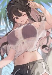  1girl ;d arm_up bikini bikini_top_only breasts brown_hair dolphin_shorts highres kantai_collection large_breasts long_hair multicolored_hair naganami_(kancolle) navel one_eye_closed open_mouth palm_tree picoli1313 purple_bikini see-through see-through_shirt shirt shirt_rolled_up shorts smile solo swimsuit tree two-tone_hair wavy_hair white_shirt yellow_eyes 