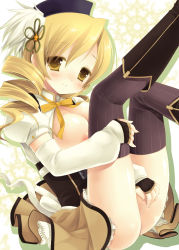  10s 1girl beret blonde_hair blush boots breasts corset detached_sleeves drill_hair fingerless_gloves gloves hair_ornament hat legs_up light_smile magical_girl mahou_shoujo_madoka_magica mahou_shoujo_madoka_magica_(anime) miyasu_risa nipples open_clothes open_shirt pussy_juice shirt sitting solo thighhighs tomoe_mami twin_drills twintails yellow_eyes  rating:Explicit score:22 user:danbooru
