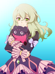 1girl blue_background dress elize_lutus frills green_eyes green_hair long_hair necklace ribbon smile tales_of_(series) tales_of_xillia teepo_(tales) rating:Sensitive score:1 user:wereAR