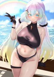  1girl bare_shoulders belt bikini black_bikini black_gloves blue_sky breasts closed_mouth cloud commentary_request cupitan_(granblue_fantasy) cupitan_(summer)_(granblue_fantasy) gloves gradient_hair granblue_fantasy hair_between_eyes highres hilda_sakura huge_breasts long_hair looking_at_viewer low_twintails multicolored_hair navel ocean rainbow rainbow_hair sky smile solo swimsuit thigh_belt thigh_strap twintails v very_long_hair 