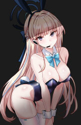  1girl absurdres animal_ears blonde_hair blue_archive blue_bow blue_bowtie blue_eyes blue_hair blue_halo blue_leotard blush bow bowtie braid breasts cleavage closed_mouth cowboy_shot detached_collar earpiece fake_animal_ears halo highres leotard long_hair looking_at_viewer medium_breasts multicolored_hair nekobox official_alternate_costume rabbit_ears solo strapless strapless_leotard streaked_hair thighhighs toki_(blue_archive) toki_(bunny)_(blue_archive) white_thighhighs wrist_cuffs 