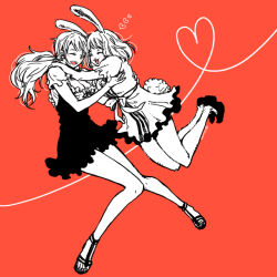  2girls :d animal_ears breasts carrot_(one_piece) cleavage closed_eyes dress heart heart_of_string hug itowo_(itowc) jumping multiple_girls nami_(one_piece) one_piece open_mouth orange_background orange_theme puffy_short_sleeves puffy_sleeves rabbit_ears sandals short_dress short_sleeves simple_background smile 