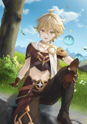  ! 1boy absurdres aether_(genshin_impact) arm_armor armor artist_name baggy_pants belt black_footwear blonde_hair blue_sky boots braid brown_belt brown_gloves brown_pants brown_shirt bush cape cloud cloudy_sky commentary_request creature day earrings flower genshin_impact gloves gold_trim grass hair_between_eyes highres jewelry leaf long_hair looking_at_viewer midriff mountain navel open_mouth outdoors pants rock scarf seelie_(genshin_impact) shadow shirt short_sleeves shoulder_armor single_earring sitting sky smile star_(symbol) tree white_flower white_scarf yellow_cape yellow_eyes yos_(72112764) 
