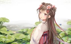  1girl absurdres animal blush brown_hair bug butterfly chinese_clothes chinese_knot day flower hair_between_eyes hair_bun hair_flower hair_ornament hanfu haruka_poi highres insect lily_pad long_hair long_sleeves looking_at_viewer looking_back outdoors parted_lips pink_flower qixiong_ruqun red_eyes ribbon ruqun solo standing suomi_(girls&#039;_frontline) very_long_hair water wide_sleeves 