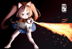 1girl animal animal_ears artist_logo barefoot black_background blue_eyes blue_shirt blue_skirt brown_hair calico cat cat_ears cat_girl closed_mouth commentary fire fire flamethrower heterochromia highres holding holding_animal inuko_(voccu) light_brown_hair light_frown long_hair long_sleeves looking_to_the_side miniskirt multicolored_hair original pleated_skirt shirt skirt solo standing twintails two-tone_hair voc weapon what yellow_eyes rating:Sensitive score:26 user:danbooru