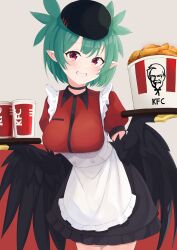 1girl absurdres apron artist_request black_feathers black_skirt black_wings blush breasts chicken_leg claws commentary feathers green_hair grey_background grin harpy highres holding holding_plate indie_virtual_youtuber kfc lincoro looking_at_viewer monster_girl plate pointy_ears red_background red_eyes red_shirt shirt short_hair short_twintails skirt small_breasts smile solo twintails two-tone_background virtual_youtuber white_apron winged_arms wings 