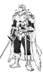  1boy absurdres animal_ears arknights armor cape chainmail cocowas35031414 commentary cross_scar english_commentary facial_scar fur_cape furry furry_male greyscale helmet highres holding holding_helmet holding_sword holding_weapon looking_to_the_side male_focus monochrome mountain_(arknights) scar scar_across_eye scar_on_cheek scar_on_face sword tiger_boy tiger_ears tiger_stripes weapon white_background 