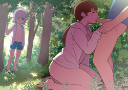 1girl 2boys barefoot blush bottomless brown_hair censored character_request embarrassed closed_eyes feet fellatio forest full-face_blush grass hetero jacket kneeling kobayashi-san_chi_no_maidragon legs long_hair looking_at_another magatsuchi_shouta mosaic_censoring multiple_boys nature navel no_bra no_panties open_clothes open_jacket oral outdoors penis ponytail purple_hair short_hair standing tetrodotoxin thighs tree voyeurism watching rating:Explicit score:185 user:Ynyswydryn