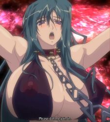 1girl armpits arms_up blush bra breasts chain chained cleavage covered_erect_nipples flustered green_hair highres huge_breasts in_heat long_hair mature_female misuzu_yukiko open_mouth purple_eyes shion_~zankoku_na_mahou_no_tenshi~ stitched third-party_edit underwear very_long_hair rating:Questionable score:15 user:spk