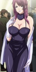  1girl bare_shoulders blue_dress breasts choker cleavage curvy dress elbow_gloves formal fur_trim gloves highres indoors large_breasts lipstick long_hair looking_at_viewer makeup mature_female mole multiple_boys odagiri_naomi pinky_out purple_eyes purple_hair purple_lips saishuu_chikan_densha saishuu_chikan_densha_3 screencap shawl solo_focus standing stitched third-party_edit train train_interior white_gloves wide_hips  rating:Sensitive score:170 user:dude15