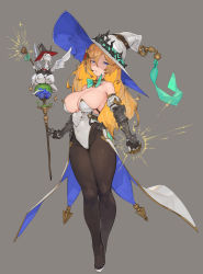  1girl bare_shoulders beast black_pantyhose blonde_hair blue_eyes bow bowtie breasts cleavage commentary covered_navel detached_collar detached_sleeves full_body gauntlets grey_background hair_ornament hat highres large_breasts leotard long_hair looking_at_viewer n9+ original pantyhose simple_background solo staff white_footwear witch_hat 