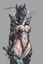  1girl angry armor bare_hips bikini_armor breasts buckle counter covered_face cowboy_shot cuisses dullahan english_text female_knight gauntlets gorget grey_background helmet highres holding holding_sword holding_weapon knight large_breasts long_hair magical_sword monster_girl navel no_bra original pale_skin pauldrons pink_hair rerebrace shoulder_armor sirpetus solo standing strap sword vambraces weapon 