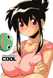 1girl artist_name bad_id bare_shoulders black_hair blush breasts closed_mouth commentary covered_erect_nipples crossed_arms folded_hair genome_(manga) hair_between_eyes hair_up lab_chief_kobayashi large_breasts looking_at_viewer no_eyewear pakuman pink_tank_top red_eyes serious sidelocks solo strap_slip sweatdrop tank_top translated upper_body v-shaped_eyebrows white_background yamamura_hiroki 