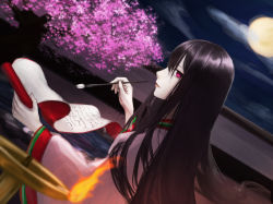  1girl absurdres aito black_hair blunt_bangs calligraphy calligraphy_brush cloud dutch_angle fate/grand_order fate_(series) female_focus flower formal highres ink japanese_clothes japanese_text juunihitoe kimono long_hair looking_back looking_to_the_side moon murasaki_shikibu_(fate) night paintbrush pale_skin pink_eyes purple_eyes scroll solo tree very_long_hair 