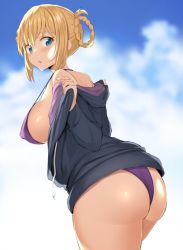 1girl ass bad_id bad_twitter_id bikini blend_s blonde_hair blue_eyes blush braid breasts collarbone covered_erect_nipples cowboy_shot day hinata_kaho jacket large_breasts long_hair looking_at_viewer looking_back noripachi open_mouth outdoors purple_bikini sideboob sidelocks sky solo standing swimsuit twintails undressing rating:Questionable score:100 user:danbooru