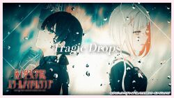  2girls achiki back-to-back black_choker black_jacket black_ribbon blue_eyes blue_hair blue_shirt blurry blurry_background bob_cut border camisole choker closed_mouth colored_inner_hair copyright_name copyright_notice dark_blue_hair diagonal_bangs dollchestra grey_camisole grey_hair hair_ornament hair_ribbon hand_on_own_chest highres inverted_bob jacket link!_like!_love_live! long_hair looking_up love_live! low_twintails multicolored_hair multiple_girls murano_sayaka official_art open_mouth red_eyes red_hair ribbon shirt short_hair sideways_mouth song_name streaked_hair tragic_drops_(love_live!) twintails upper_body video_thumbnail virtual_youtuber water_drop white_border x_hair_ornament yugiri_tsuzuri zoom_layer 