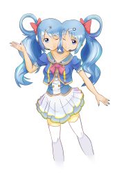  1girl absurdres blue_hair conjoined hair_ornament hairpin highres idol ribbon swallowtail thighhighs twintails two_heads wink  rating:Sensitive score:1 user:jim830928