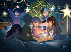  2boys 4girls absurdres arms_up asamayuki_ra black_hair blue_eyes blue_hair blue_pajamas braid brown_hair child christmas christmas_lights christmas_ornaments christmas_stocking christmas_tree closed_eyes commentary crayon fang fur-trimmed_headwear fur_trim green_eyes grey_hair hair_rings hat highres holding holding_stuffed_toy hug hug_from_behind index_finger_raised indoors lamp leaning_on_person long_hair luo_tianyi map merry_christmas mo_qingxian multicolored_hair multiple_boys multiple_girls night open_mouth outstretched_arms pajamas ponytail purple_hair red_headwear santa_hat signature smile star_ornament string_of_flags stuffed_animal stuffed_toy teddy_bear twin_braids two-tone_hair under_covers vocaloid vsinger white_hair wreath yanhe yuezheng_ling yuezheng_longya zhiyu_moke  rating:General score:7 user:danbooru