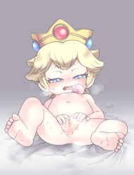  1girl baby_peach barefoot blonde_hair blue_eyes censored completely_nude crown flat_chest half-closed_eyes loli mario_(series) mosaic_censoring nintendo nipples nude pacifier princess_peach pussy pussy_juice short_hair soles solo spread_legs toddlercon yundeyuu 