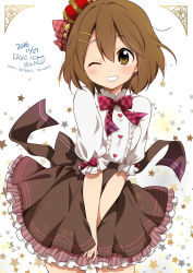  1girl 2016 ;) blush bow brown_eyes brown_hair brown_skirt clenched_teeth crown dated hair_ornament hairclip hard-translated highres hirasawa_yui k-on! matching_hair/eyes official_style one_eye_closed plaid plaid_bow ragho_no_erika short_hair short_sleeves skirt smile solo star_(symbol) starry_background teeth text_focus third-party_edit translated  rating:Sensitive score:13 user:StolenTranslations