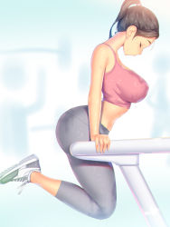 1girl a.x. ass bare_shoulders breasts brown_hair earrings exercising closed_eyes from_side grey_pants high_ponytail highres jewelry large_breasts long_hair original pants pink_sports_bra shoes sneakers solo sports_bra sweat sweaty_clothes yoga_pants rating:Sensitive score:101 user:danbooru