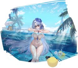  1girl against_glass alsace_(azur_lane) alsace_(heat_beating_summer_sacrament)_(azur_lane) azur_lane bare_shoulders between_breasts bikini bird black_ribbon blue_hair blue_necktie blue_sky blurry blurry_background blush bracelet breast_press breasts breasts_on_glass chick day detached_collar dot_nose eiffel_tower feifeifeihai flower food hair_flower hair_ornament hair_ribbon hands_up highres holding holding_food holding_popsicle holding_sign jewelry large_breasts light_blue_hair long_hair manjuu_(azur_lane) nail_polish navel necktie necktie_between_breasts non-web_source nose_blush official_alternate_costume official_art outdoors palm_tree parted_bangs partially_submerged popsicle raised_eyebrows ribbon sign skindentation sky sunglasses swimsuit thigh_gap thighs tree underwater very_long_hair wavy_mouth white_bikini  rating:Questionable score:27 user:danbooru