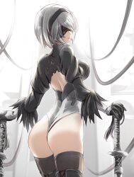  1girl 2b_(nier:automata) absurdres ass back_cutout blindfold breasts clear_glass_(mildmild1311) clothing_cutout commentary feather_trim from_behind gloves hairband highleg highleg_leotard highres leotard long_sleeves looking_back medium_breasts mole mole_under_mouth nier:automata nier_(series) parted_lips puffy_sleeves short_hair signature simple_background sword thighhighs thighs weapon white_hair 