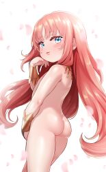  1girl absurdres ass blush born-to-die bracelet character_request copyright_request flat_chest genshin_impact highres jewelry loli long_hair looking_at_viewer nilou_(genshin_impact) nipples nude parted_lips petals red_hair smile standing thighs  rating:Questionable score:83 user:danbooru
