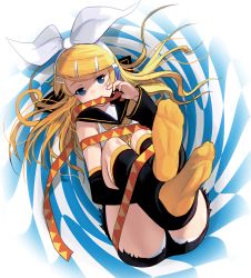  1girl aged_up alternate_hair_length alternate_hairstyle ass bdsm blue_eyes bondage bound detached_sleeves feet gradient_background hair_ornament hair_ribbon hairclip highres hugging_own_legs kagamine_rin knees_to_chest kouno_(masao) leg_warmers legs_up long_hair looking_at_viewer lying mouth_hold no_shoes on_back panties ribbon ribbon_bondage ribbon_in_mouth shirt shorts socks solo underwear upshorts vocaloid white_panties yellow_socks  rating:Sensitive score:23 user:kt03