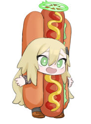  :d blonde_hair blue_archive green_eyes hair_between_eyes halo highres hot_dog hot_dog_costume insect_hair_ornament ketchup long_hair matangom matangomu-chan mustard open_mouth original parody simple_background smile white_background 