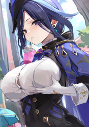  1girl ascot black_corset blue_cape blue_hair breast_lift breasts bubble_tea_challenge button_gap cape clorinde_(genshin_impact) commentary_request corset cup dark_blue_hair disposable_cup drinking drinking_straw drinking_straw_in_mouth drop_earrings earrings epaulettes fold-over_gloves framed_breasts genshin_impact gloves grabbing_own_breast hat highres jewelry large_breasts lifted_by_self long_hair looking_at_viewer multicolored_hair object_on_breast outdoors purple_ascot purple_eyes shirt solo streaked_hair tomas_(kaosu22) tricorne vision_(genshin_impact) white_gloves white_shirt 