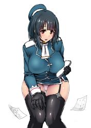 10s 1girl bent_over beret black_gloves black_hair black_thighhighs blunt_bangs breast_press breasts dress garter_straps gloves hand_on_own_thigh hat ishimiso_(ishimura) kantai_collection knees_together_feet_apart large_breasts looking_at_viewer microskirt military military_uniform panties pantyshot paper red_eyes short_dress short_hair simple_background sitting skindentation skirt smile solo standing takao_(kancolle) thighhighs thighs underwear uniform white_background rating:Questionable score:43 user:danbooru