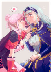  2girls blue_hair blush breasts dress female_focus fire_emblem fire_emblem:_three_houses fire_emblem_warriors:_three_hopes gloves hairband hands_on_another&#039;s_face highres hilda_valentine_goneril jewelry large_breasts long_dress long_hair long_sleeves marianne_von_edmund matching_hair/eyes multiple_girls nintendo official_alternate_costume official_alternate_hairstyle open_mouth pink_eyes pink_hair sanami smile  rating:General score:4 user:danbooru