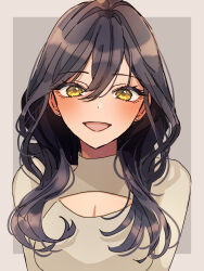 1girl black_hair blush breasts cleavage earrings hair_between_eyes highres idolmaster idolmaster_shiny_colors jewelry looking_at_viewer meme_attire open-chest_sweater paddy_field shirase_sakuya simple_background smile solo stud_earrings sweater two-tone_background upper_body yellow_eyes 