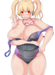  1girl areola_slip blonde_hair blush breasts casual_one-piece_swimsuit cleavage competition_swimsuit goggles goggles_around_neck headphones huge_breasts looking_at_viewer navel nipple_slip nipples nitroplus one-piece_swimsuit open_mouth orange_eyes plump ponzu_yuki short_hair skindentation solo super_pochaco swimsuit twintails undersized_clothes 