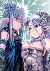 10s 2girls asymmetrical_docking blunt_bangs breast_envy breast_press breasts commentary_request crystal draph erin_(granblue_fantasy) eyebrows flower granblue_fantasy hair_flower hair_ornament hat height_difference horns izmir large_breasts light_purple_hair lips long_hair misao_(kami_no_misoshiru) multiple_girls pointy_ears red_eyes underboob white_hat rating:Sensitive score:13 user:danbooru