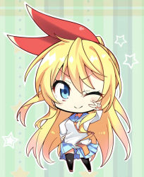 1girl :&gt; black_thighhighs blonde_hair blue_eyes blue_skirt chibi closed_mouth commentary_request frilled_skirt frills full_body green_background hair_between_eyes hair_ornament hair_ribbon hand_on_own_hip hand_up kirisaki_chitoge long_sleeves looking_at_viewer nisekoi one_eye_closed red_ribbon ribbon school_uniform shirt skirt smile solo split_mouth star_(symbol) thighhighs v white_shirt xiaoxiao_de_kuangsan rating:Sensitive score:4 user:danbooru