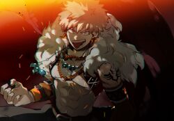 1boy abs arm_tattoo bakugou_katsuki belt blonde_hair boku_no_hero_academia cape ear_piercing elbow_sleeve fur-trimmed_cape fur_trim jewelry male_focus mina_chan1 muscular muscular_male necklace nipples official_alternate_costume pants pectorals piercing solo tattoo topless_male yellow_eyes