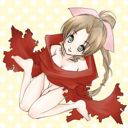  1girl aerith_gainsborough barefoot between_legs braid breasts brown_hair cape cleavage final_fantasy final_fantasy_vii full_body green_eyes hair_ribbon hand_between_legs kingdom_hearts kneeling long_hair looking_at_viewer looking_up lowres materia medium_breasts no_pants parted_bangs parted_lips pink_ribbon polka_dot polka_dot_background poyon red_cape ribbon sidelocks smile solo square_enix torn_cape torn_clothes yellow_background 