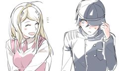 1boy 1girl ^_^ ahoge akamatsu_kaede backpack bag baseball_cap black_hair black_hat black_jacket black_sleeves blonde_hair blush_stickers breasts buttons chiyo_(min0yoko) closed_eyes closed_mouth collared_jacket collared_shirt danganronpa_(series) danganronpa_v3:_killing_harmony double-breasted fortissimo frown grey_eyes hair_ornament hand_on_headwear happy hat high_collar jacket large_breasts layered_sleeves long_hair long_sleeves looking_at_another musical_note musical_note_hair_ornament necktie nervous notice_lines one_eye_covered open_mouth pink_necktie pink_vest pocket saihara_shuichi shirt simple_background smile sweatdrop upper_body vest white_background white_bag white_shirt white_sleeves 