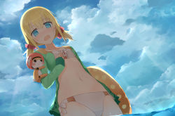 10s 1girl akitaka_(pixiv12739753) beach bikini blonde_hair blue_eyes blush cloud d: day edna_(tales) edna_(water-averse_girl)_(tales) from_below highres innertube jacket jacket_over_swimsuit light_rays navel normin_(tales) official_alternate_costume open_clothes open_jacket open_mouth outdoors polka_dot short_hair short_twintails side-tie_bikini_bottom sky sunbeam sunlight swim_ring swimsuit tales_of_(series) tales_of_zestiria twintails wading water rating:Sensitive score:24 user:danbooru