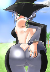 1girl ass ass_grab back backless_outfit bare_back bare_shoulders bent_over blush breasts butt_crack cadie catsuit day detached_sleeves from_behind grabbing_own_ass grass green_eyes hat huge_ass looking_back medium_breasts nagase_haruhito outdoors pangya shiny_clothes short_hair skin_tight solo thigh_gap thighs white_hair witch_hat rating:Questionable score:45 user:danbooru