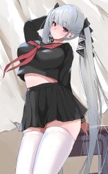  absurdly_long_hair absurdres azur_lane black_skirt breasts curtains desk formidable_(azur_lane) formidable_(the_lover&#039;s_heart_flutters_on_duty)_(azur_lane) grey_hair highres large_breasts long_hair p.i.t.d red_eyes sailor_collar school_uniform serafuku skirt thighhighs twintails very_long_hair white_thighhighs  rating:Questionable score:12 user:RaulV88