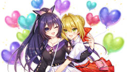  2girls :d ;d bag balloon belt black_belt black_shirt blonde_hair blush bow braid breasts collarbone collared_shirt commission date_a_live fate/extra fate_(series) french_braid green_eyes hair_bow hair_intakes heart heart_balloon highres jewelry large_breasts multiple_girls munlu_(wolupus) necklace nero_claudius_(fate) nero_claudius_(fate)_(all) one_eye_closed open_mouth pleated_skirt ponytail purple_eyes purple_hair red_skirt shirt short_sleeves shoulder_bag skeb_commission skirt smile white_shirt white_skirt yatogami_tooka 