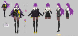  1girl absurdres bare_shoulders black_choker black_dress black_footwear black_gloves black_jacket black_pantyhose boots breasts bug butterfly butterfly_over_eye character_name character_sheet choker cleavage colored_shoe_soles copyright_notice dress flower full_body gloves grey_background hair_flower hair_ornament high_heels highres id_card insect jacket leather leather_boots leather_dress leather_gloves long_hair long_sleeves medium_breasts mo_qingxian multiple_views off_shoulder official_alternate_costume official_art open_clothes open_jacket pantyhose pencil_dress purple_eyes purple_hair rafaelaaa short_dress side_slit sleeveless sleeveless_dress spaghetti_strap standing thigh_boots thigh_strap turnaround very_long_hair vocaloid vsinger white_butterfly white_flower 