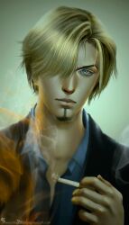  1boy absurdres artist_name blonde_hair blue_eyes cigarette closed_mouth commentary curly_eyebrows english_commentary facial_hair formal goatee hair_over_one_eye highres holding holding_cigarette male_focus one_eye_covered one_piece realistic sanji_(one_piece) short_hair smoke solo suit sweeetrazzbery watermark web_address 