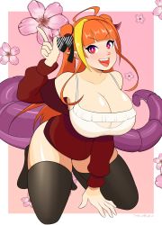  absurdres bare_shoulders blush breasts dragon_girl fang highres hololive horns kiryu_coco leggings no_pants orange_hair pink_background pointing pointing_up smile sweater tail virtual_youtuber  rating:Explicit score:10 user:TakuWaku