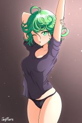 1girl absurdres ahoge alternate_costume arm_behind_head arms_up black_panties black_shirt breasts cleavage cowboy_shot curly_hair curvy gradient_background green_eyes green_hair highres jay_flare looking_at_viewer medium_breasts medium_hair no_pants one-punch_man one_eye_closed open_mouth panties scoop_neck see-through_silhouette shiny_skin shirt short_sleeves signature solo stretching tatsumaki underwear waking_up wide_hips rating:Sensitive score:94 user:danbooru